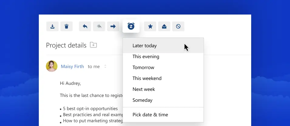 Snooze distracting emails to clean up your inbox when using Alumnos.upm.es