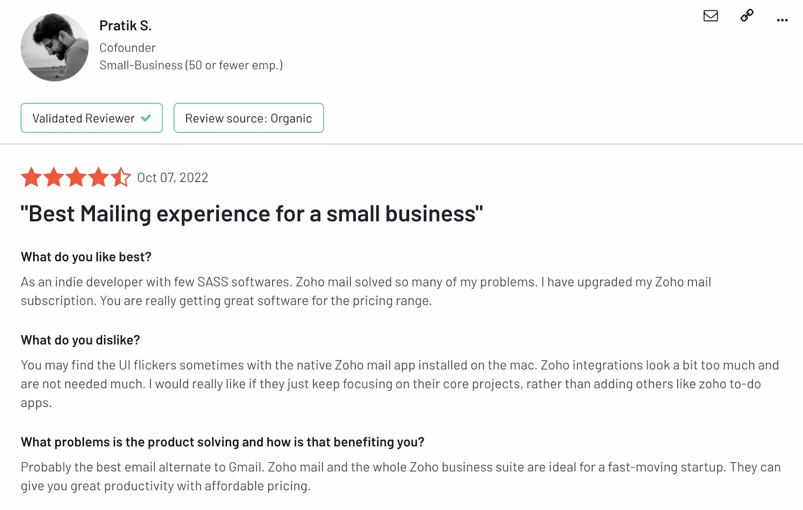 A screenshot of a review page for a small business.