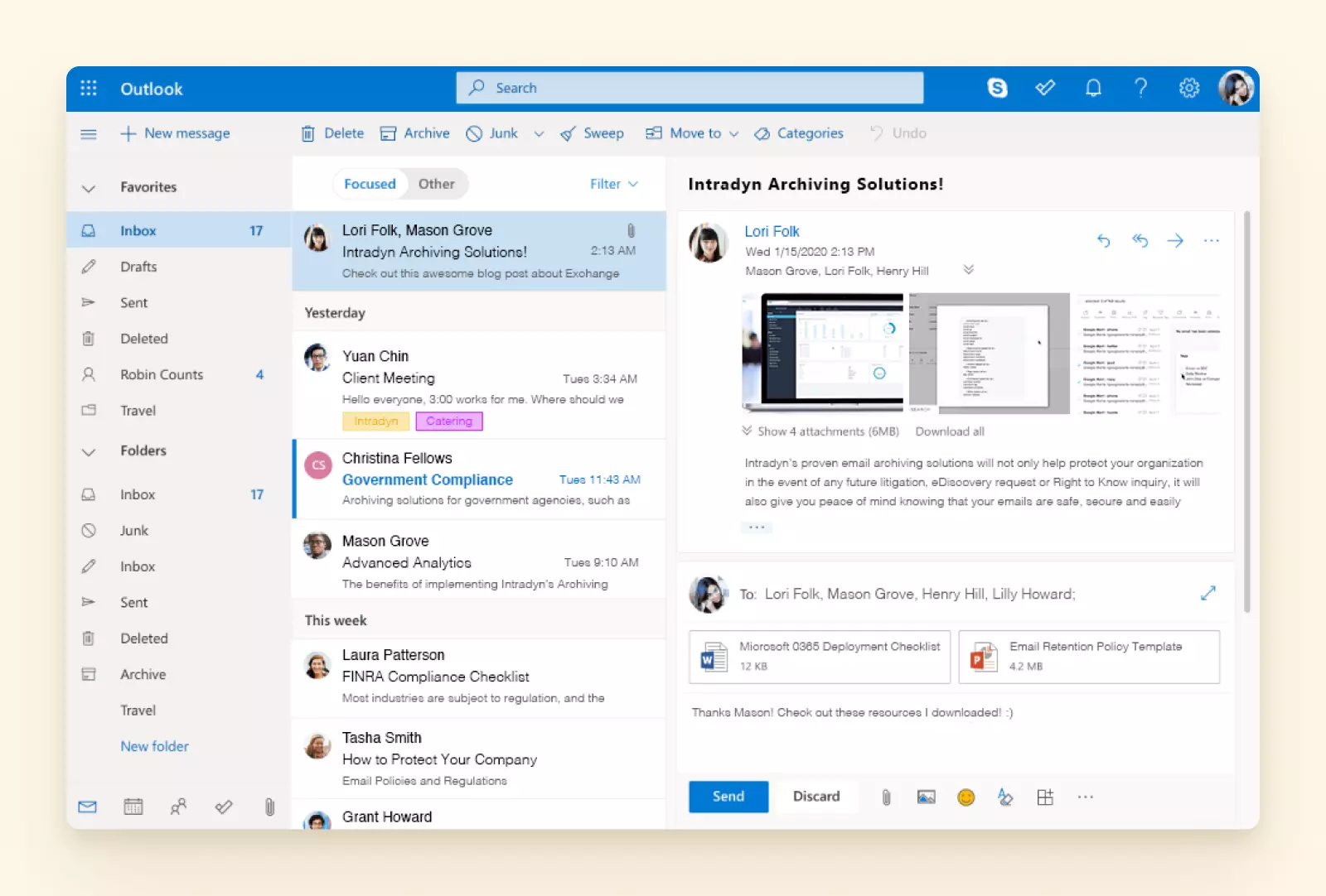 Outlook email client interface three-pane view