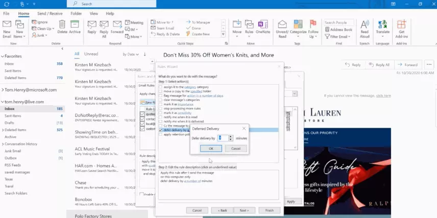 Conditions for delaying an email in Outlook