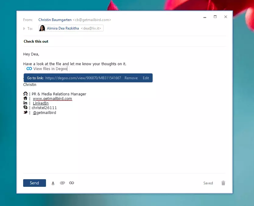 Add link from Degoo cloud storage into an email