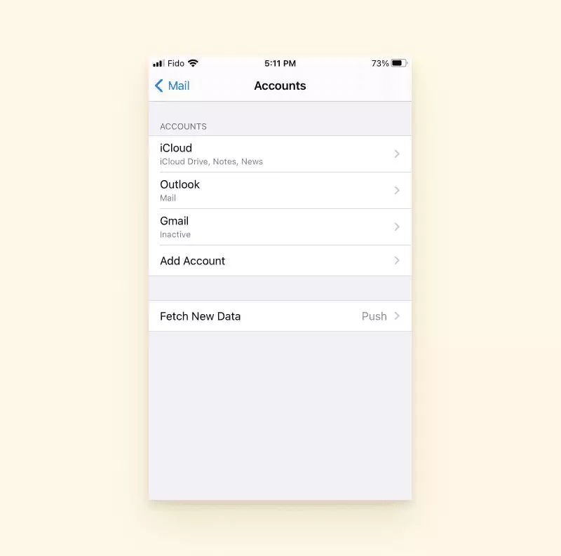 Where to select or add a new email account to Iphone