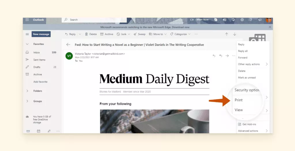 Print option in the email menu