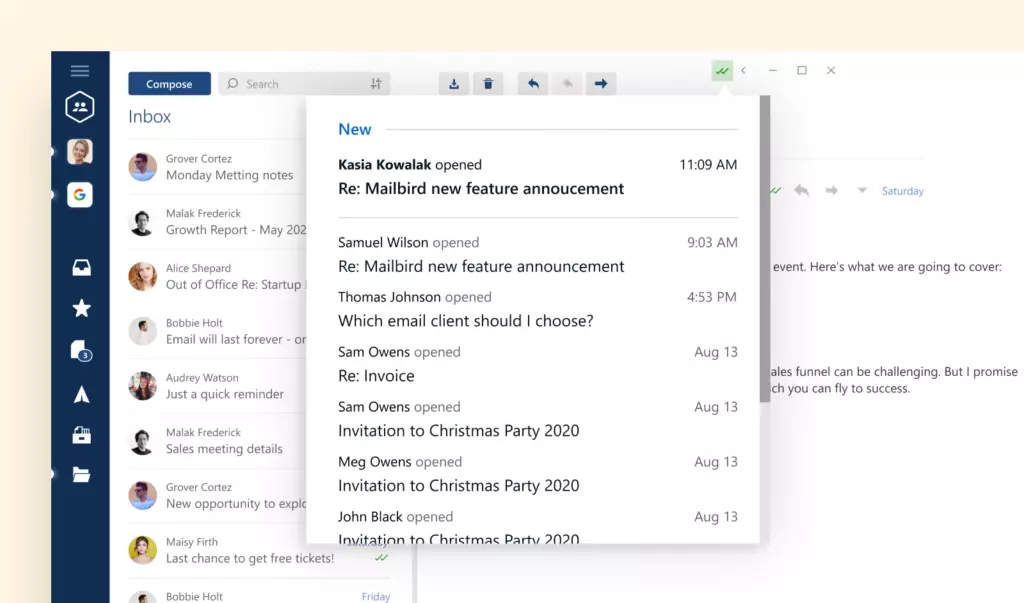 Screenshot of mailbird email tracking feature
