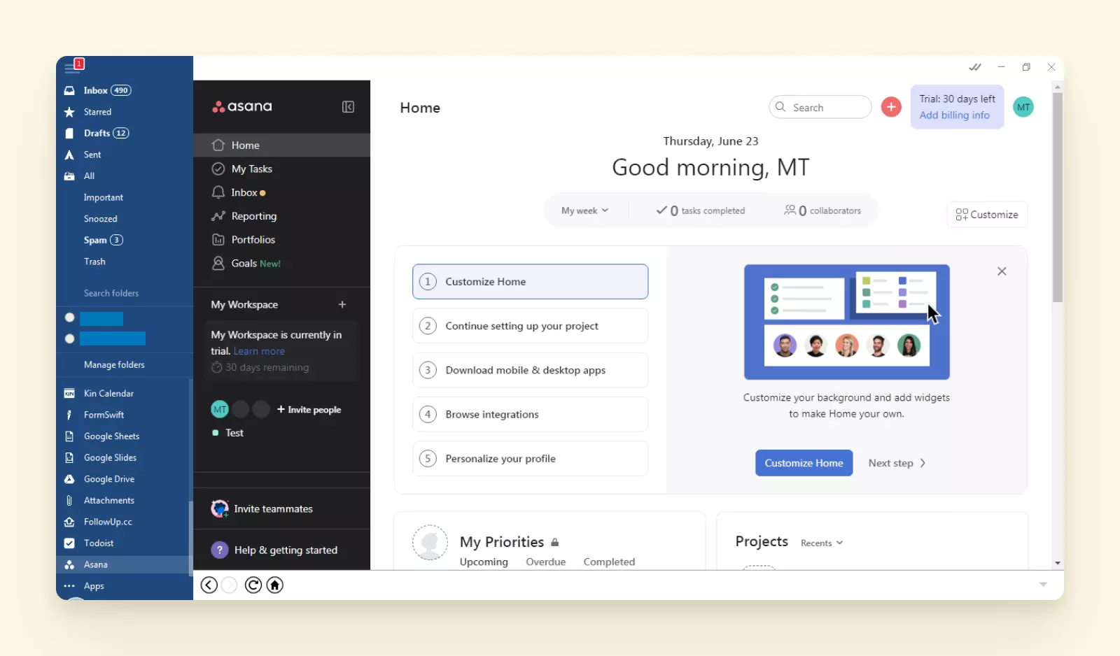 How Asana looks integrated in Mailbird