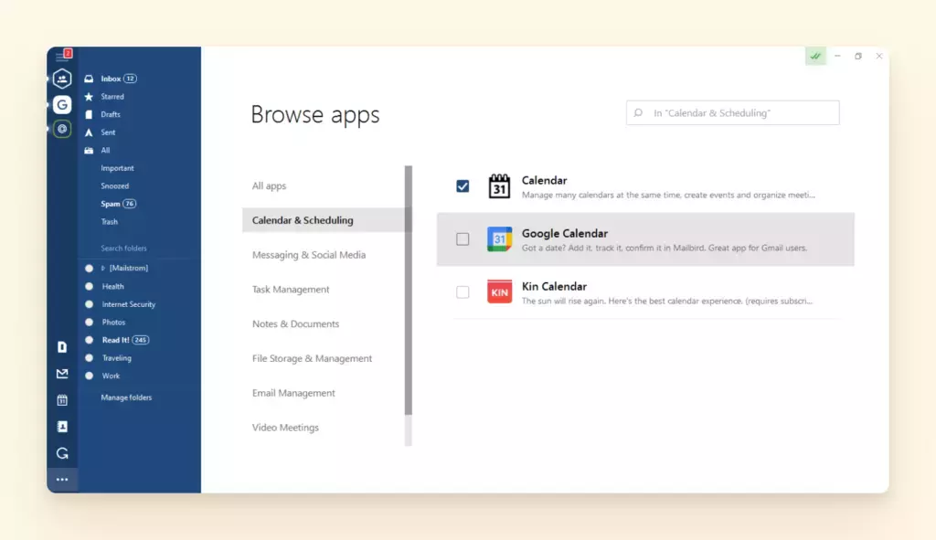 Список интеграций Mailbird, отфильтрованный по категории календарей