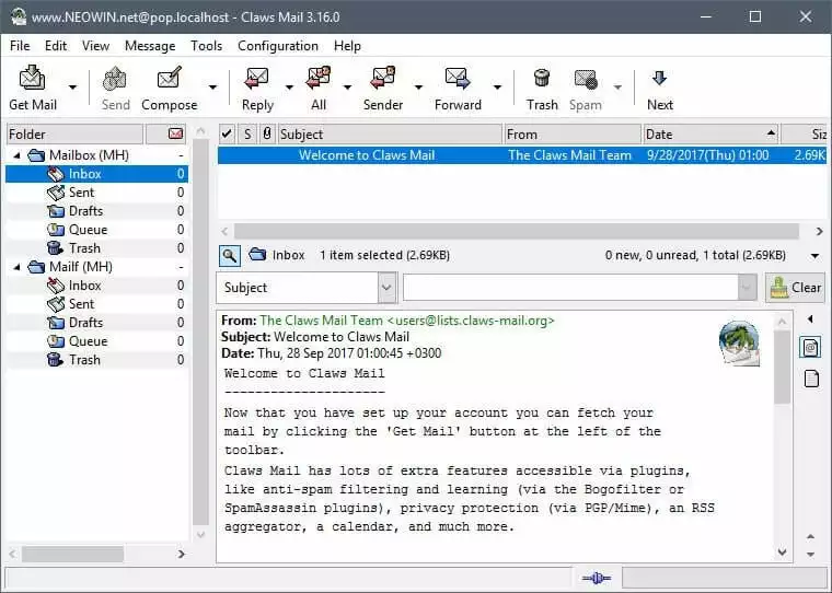 La casella di posta elettronica di Claws Mail