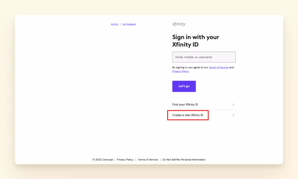 Xfinity ID login page with Create ID button