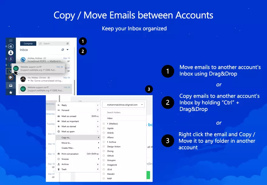 Copy and move emails between accounts easily