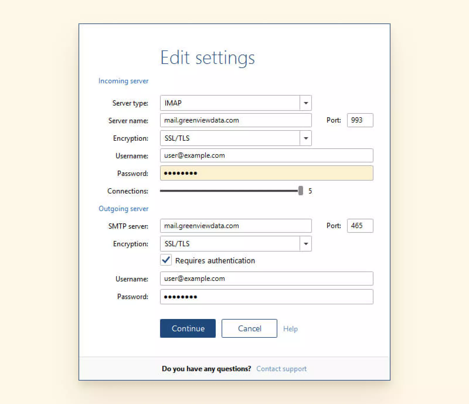 Standard email server settings in Mailbird