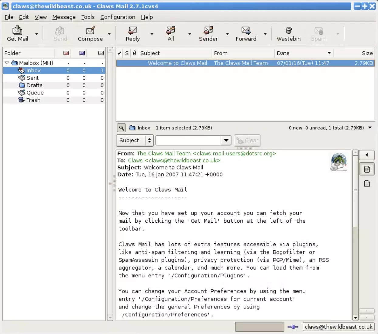 Claws Mail - email services Claws Mail interface