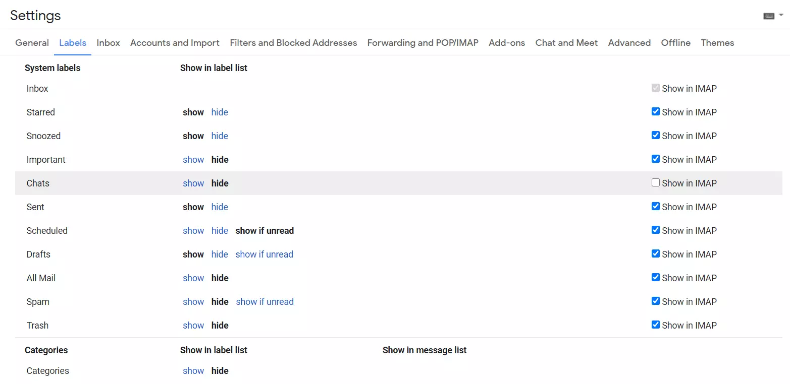 Show, hide, and manage Gmail folders