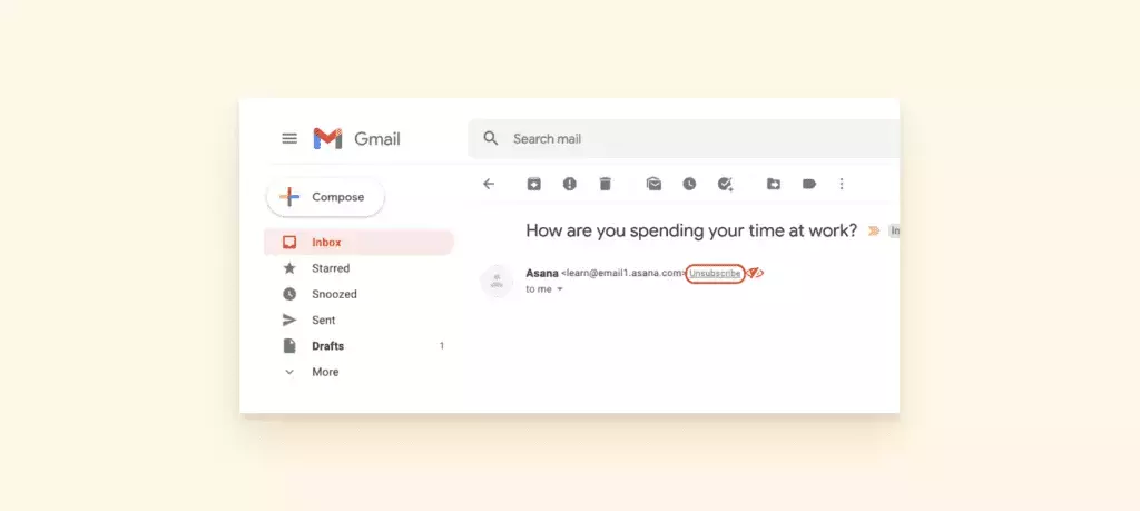 Кнопка отказа от подписки в Gmail