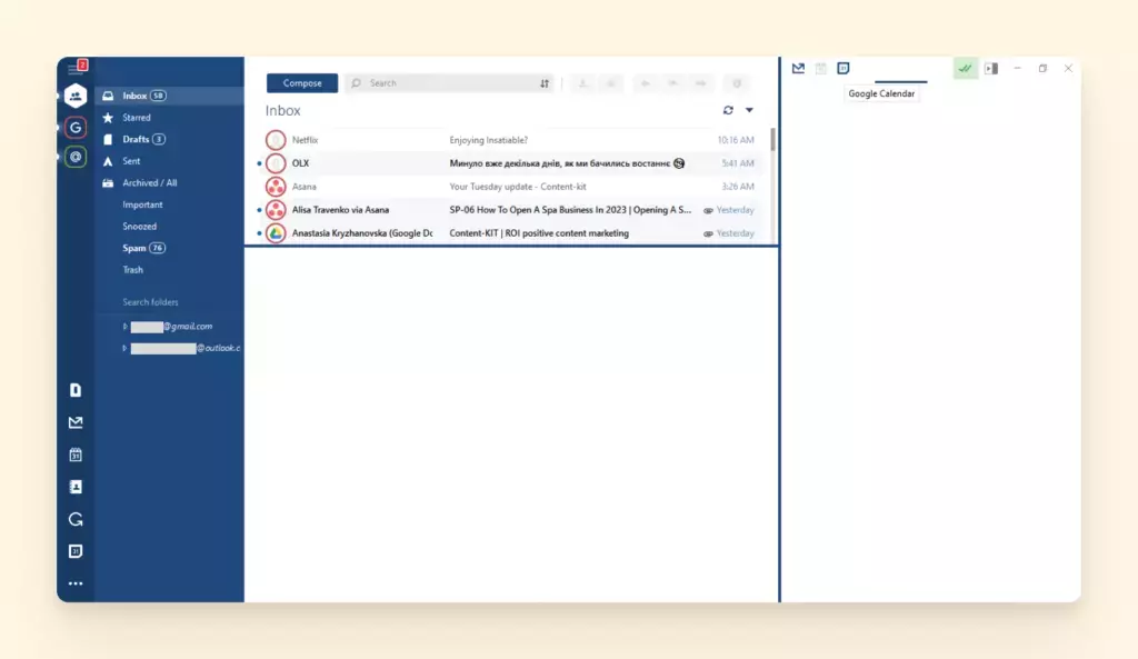 Трехколоночный макет Mailbird
