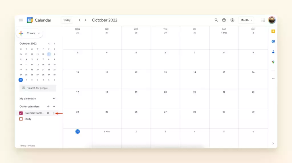 Вид месяца календаря Google в Chrome