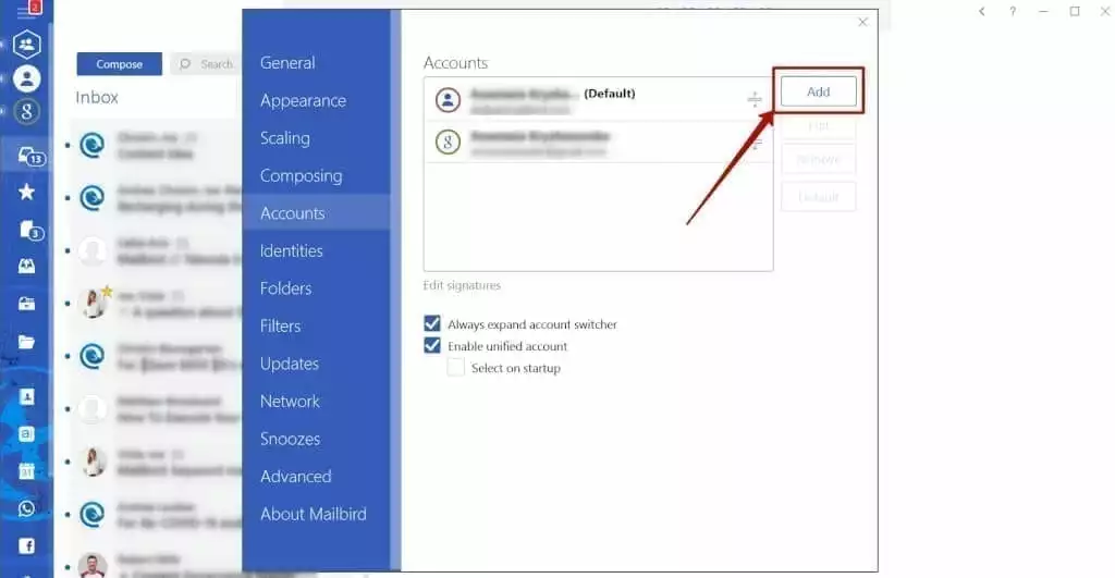 Adding accounts to Mailbird