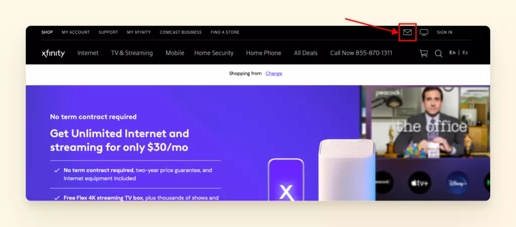 Placement of Comcast email button