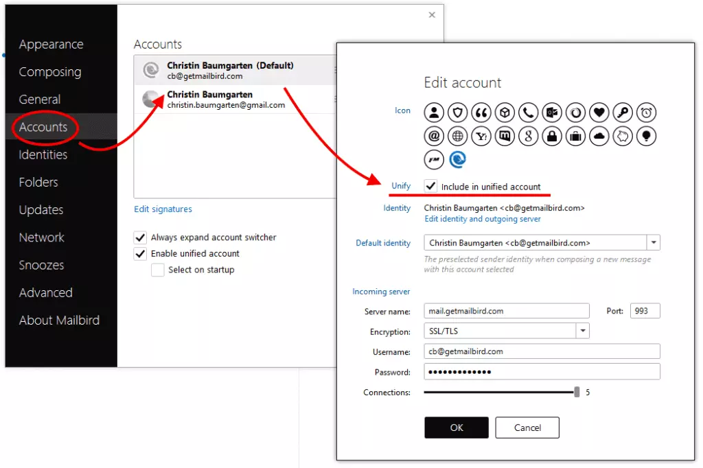 Manage email accounts in Mailbird's unified inbox