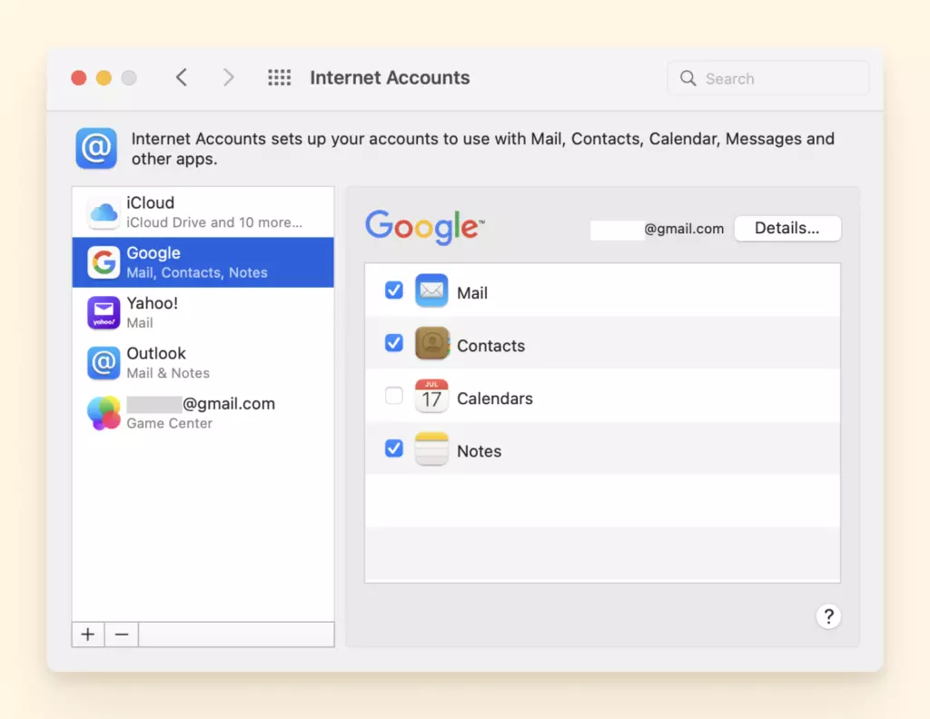 Apple settings for internet accounts