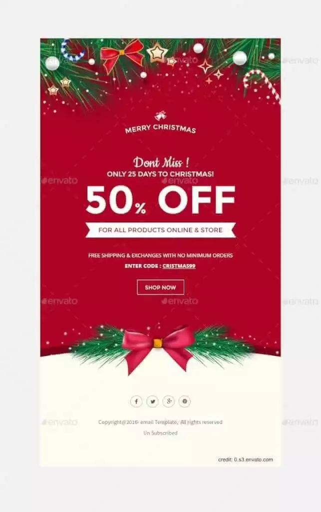 A preview of a Merry Christmas email template and sale