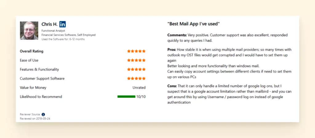 screenshot of mailbird review from Capterra