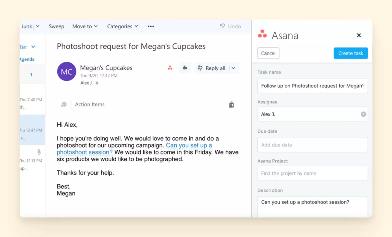 Using Asana interface in Outlook