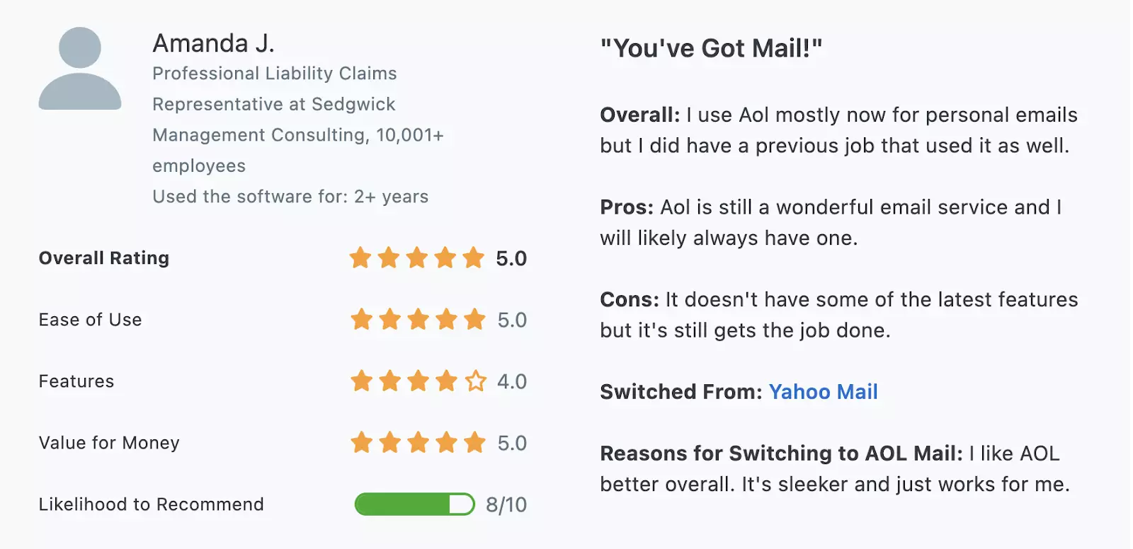 A screen shot of a mailchimp review.