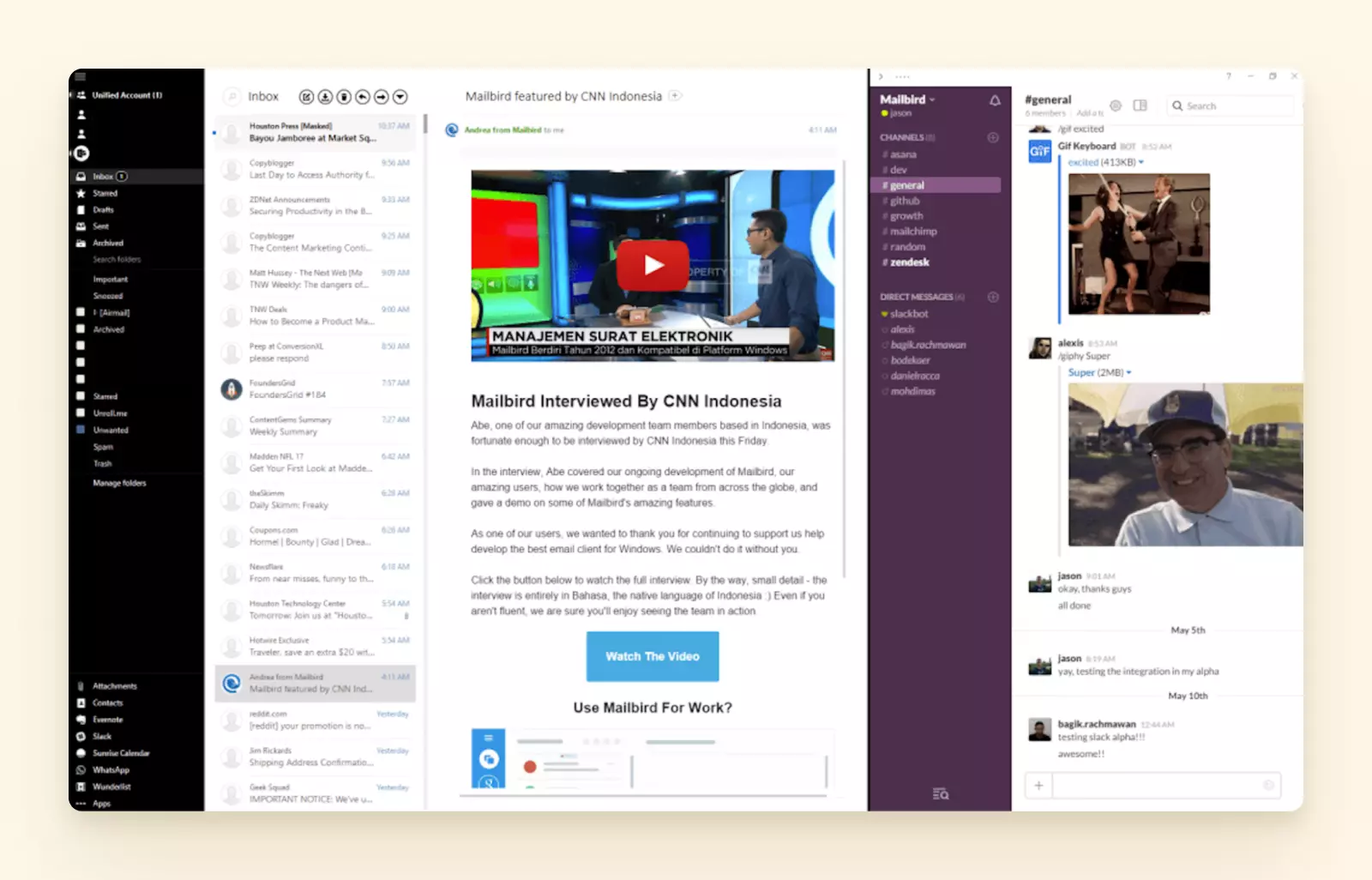 Slack in Mailbird sidebar