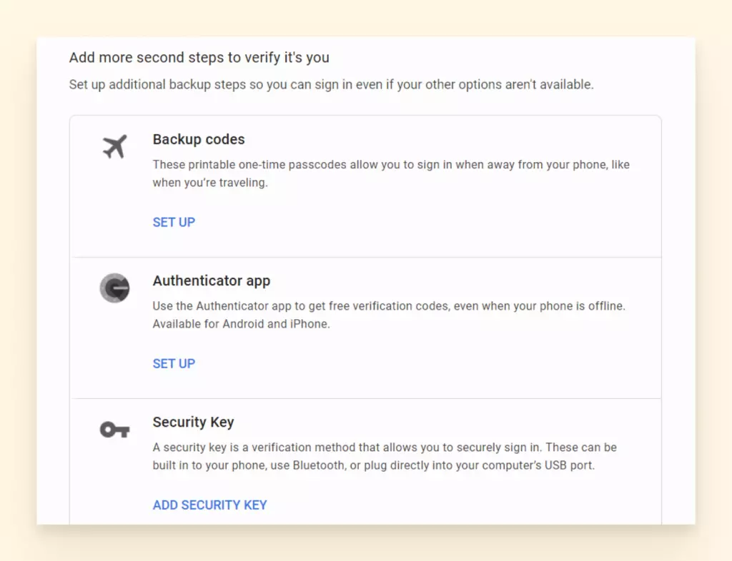 Screenshot of where to find backup codes on Google