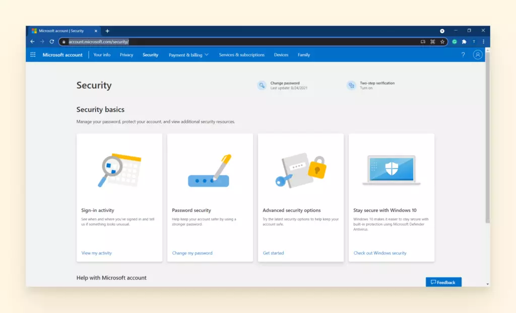 screenshot of microsoft account security page