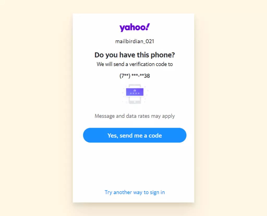 Example of Yahoo recovery phone number prompt