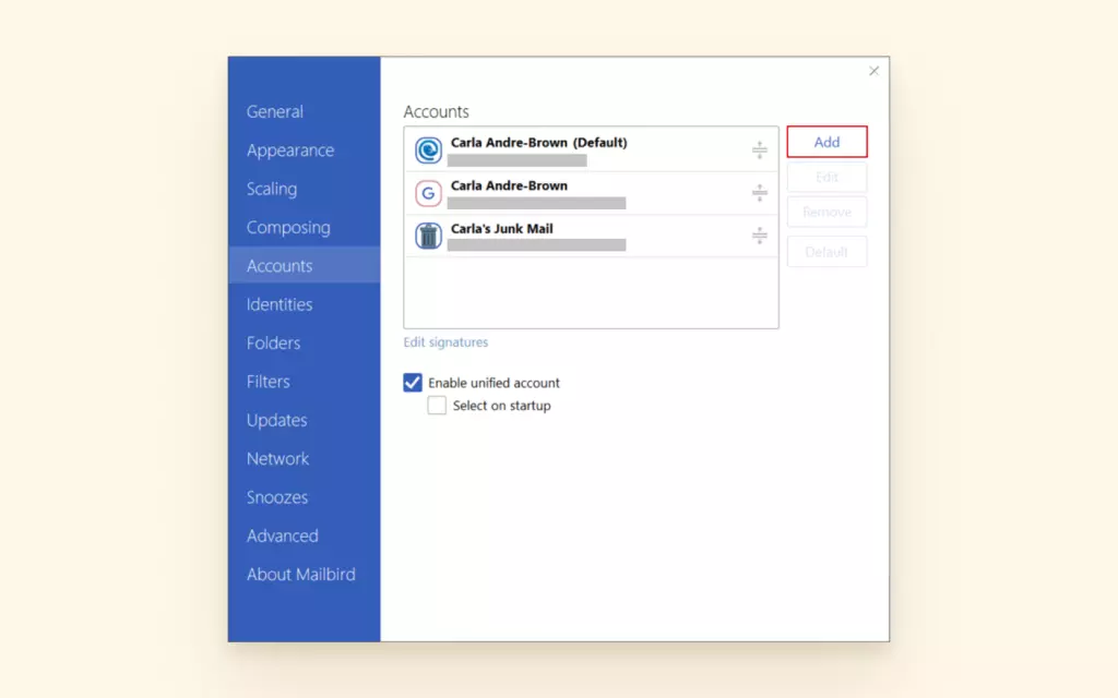 screenshot of mailbird add email account in settings