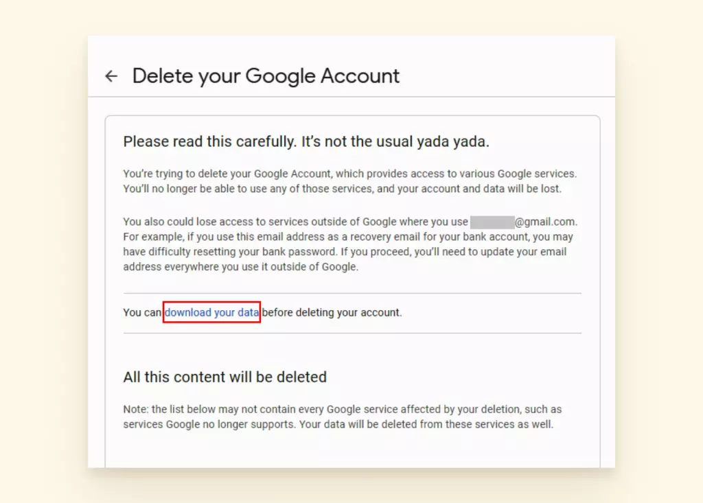 screenshot of gmail deletion process