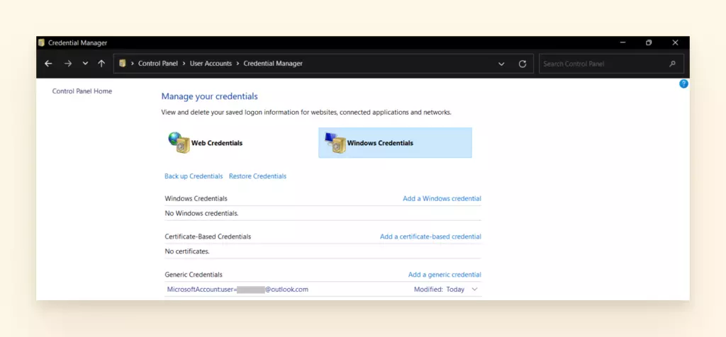 screenshot of windows credential manager