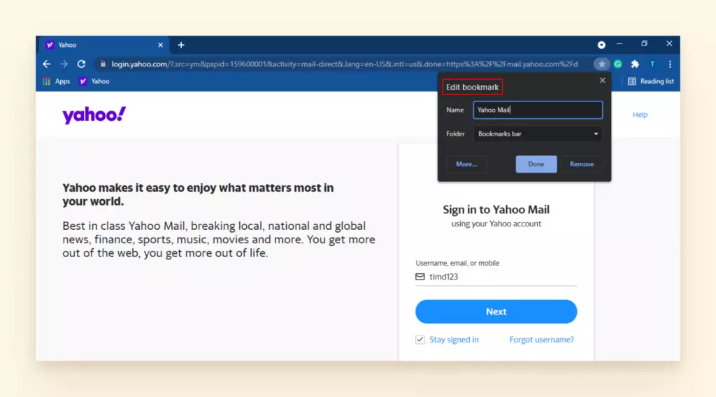Screenshot for naming your bookmark Yahoo