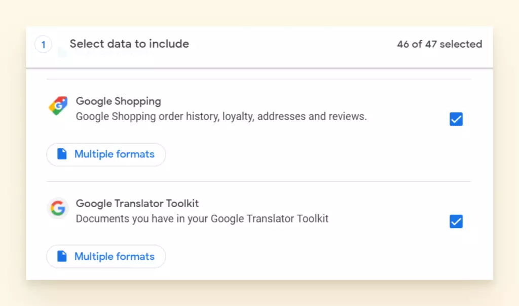 Screenshot of some data you can select when downloading info from Google