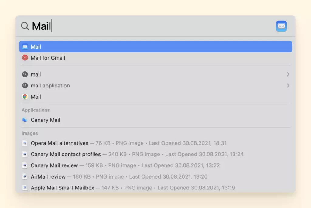Find Mac Mail in Spotlight