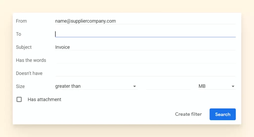 Screenshot of how to forward emails using gmail filters - set up criteria