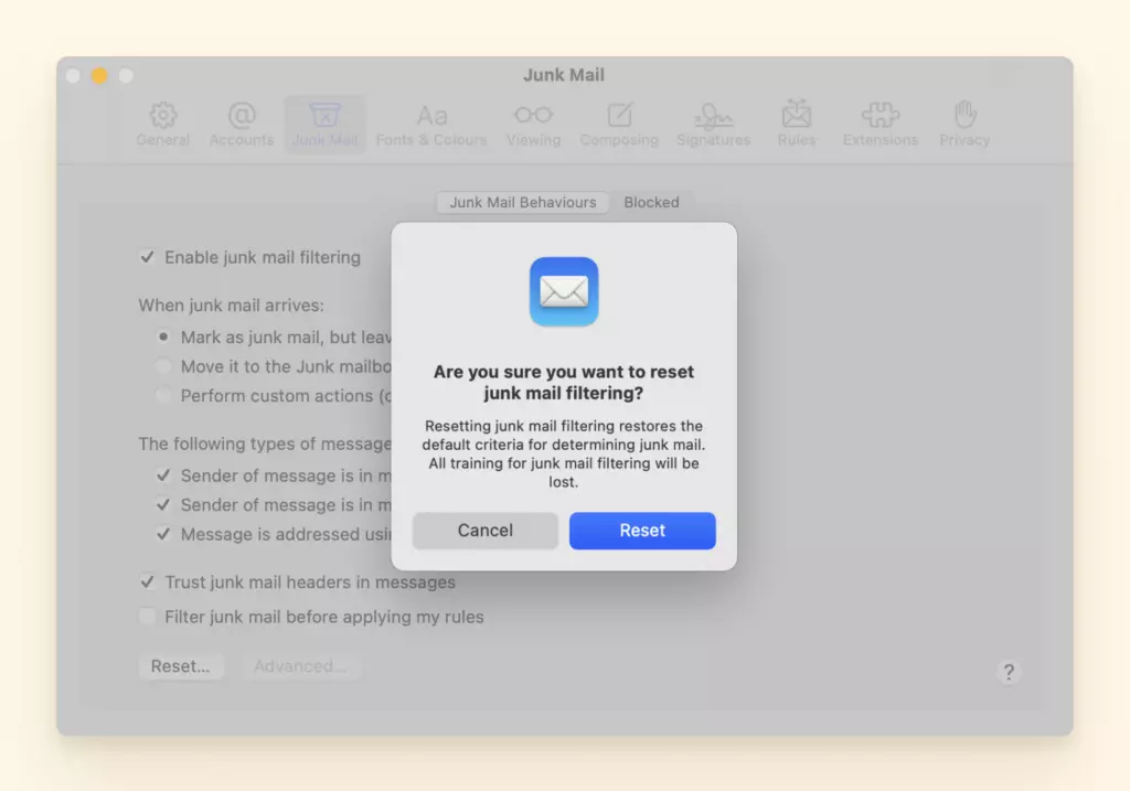 How to reset the junk mail filter