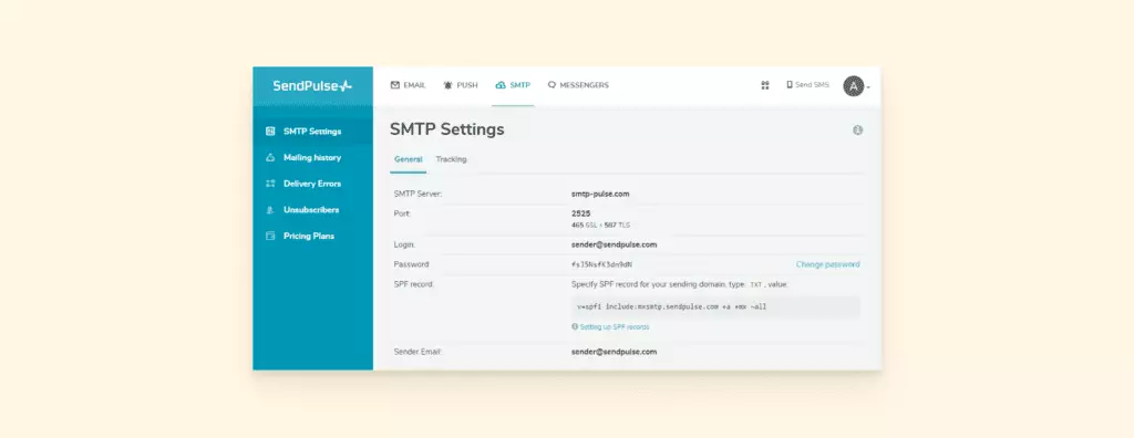 Paramètres du serveur SMTP SendPulse
