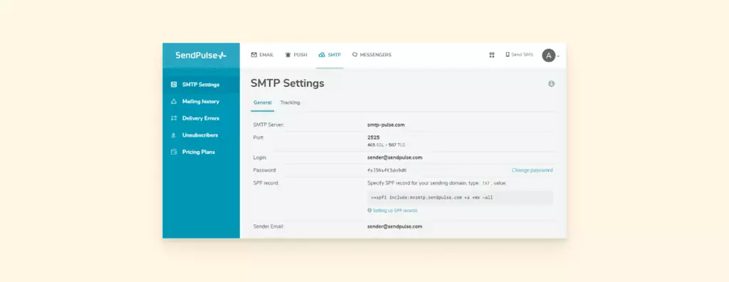 SendPulse SMTP server settings