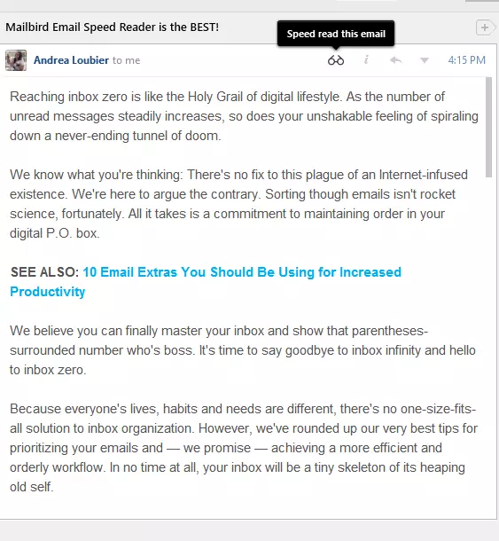 Mailbird features a speed reading tool that boosts your productivity