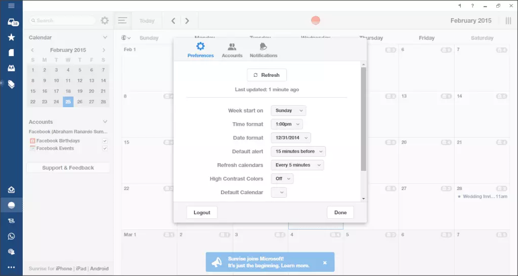 Sunrise calendar in Mailbird