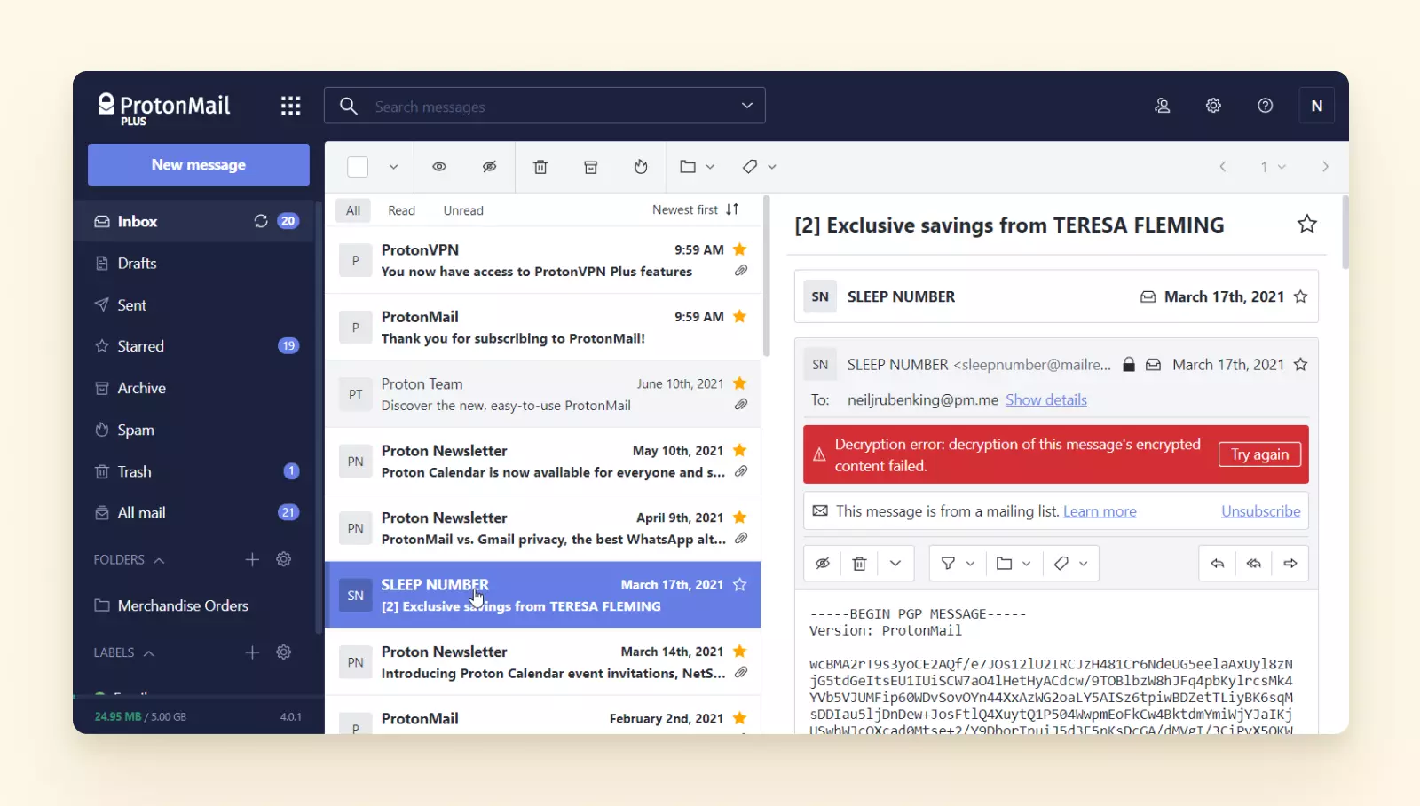 Protonmail three-pane inbox view- alternativa a Outlook