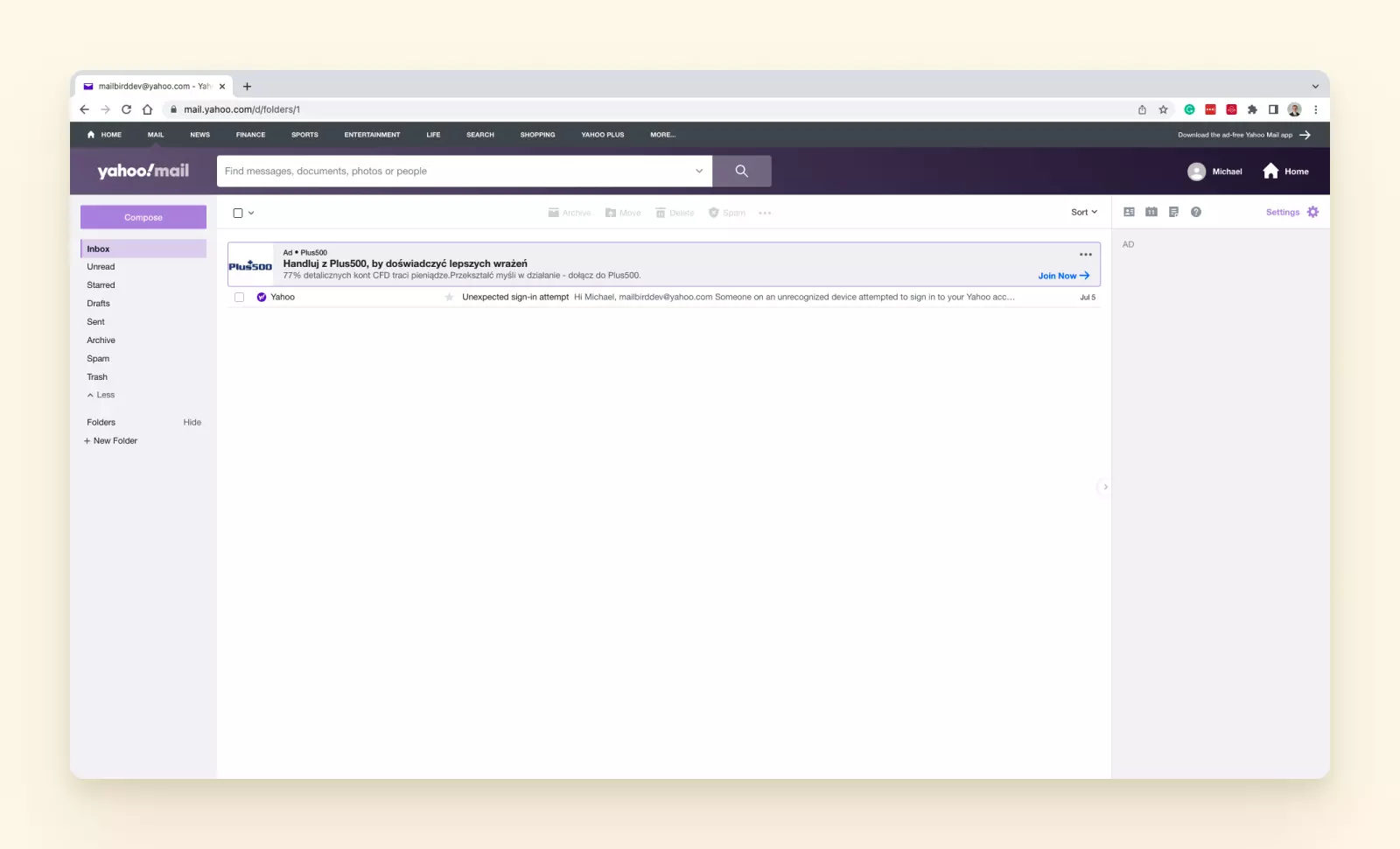 Yahoo inbox in a web browser