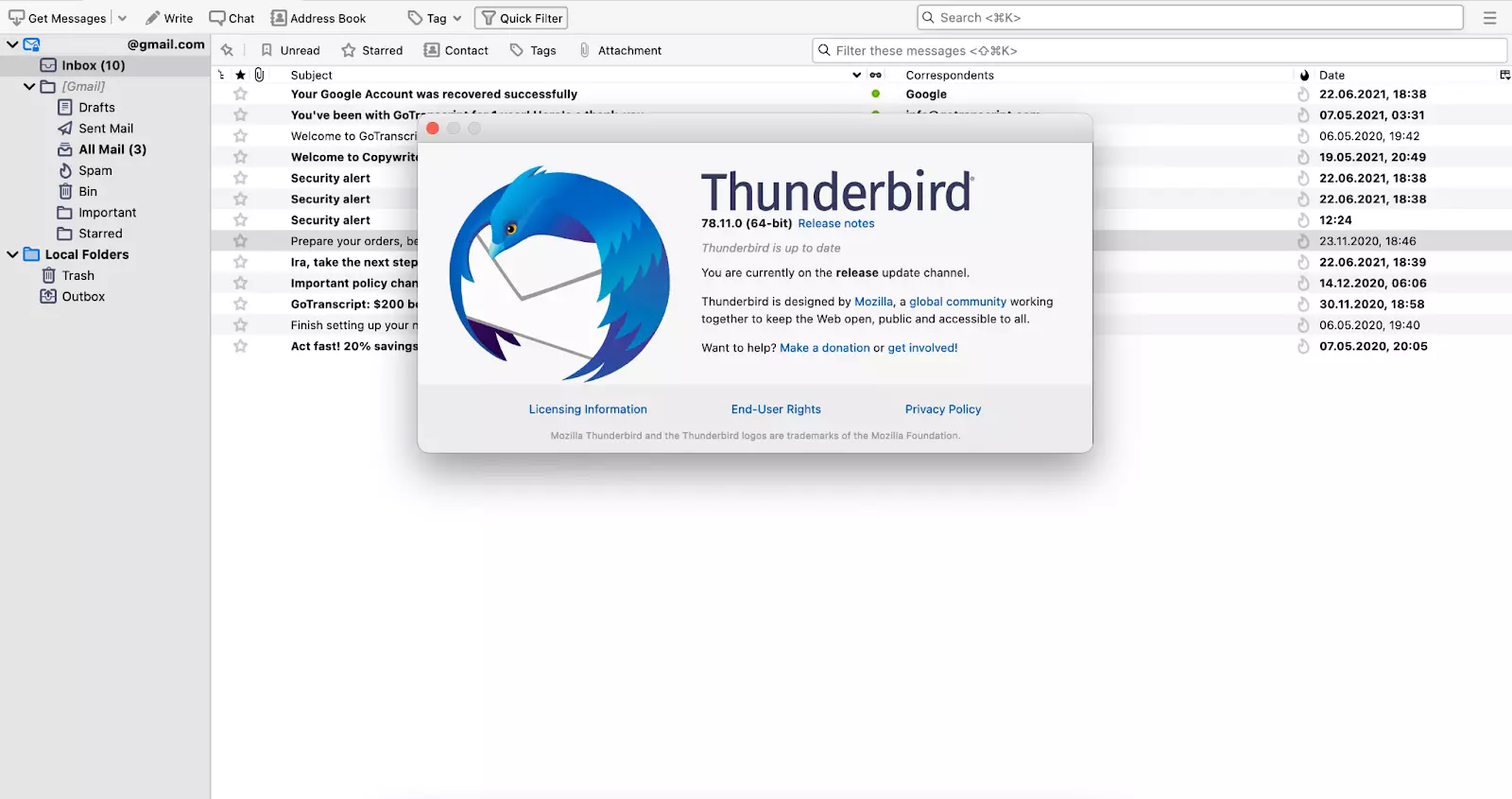 Select Restart Thunderbird to update once updates are ready to install
