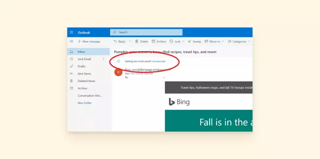 Кнопка отмены подписки в Outlook
