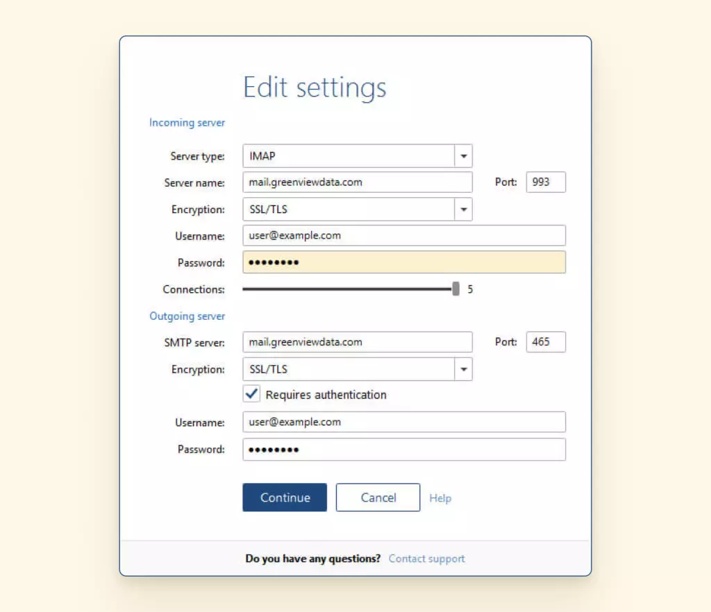 Example of filled in account IMAP settings