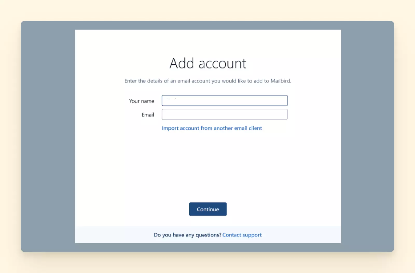 Adding account window in Mailbird