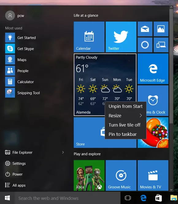 Personalize menu in Windows 10